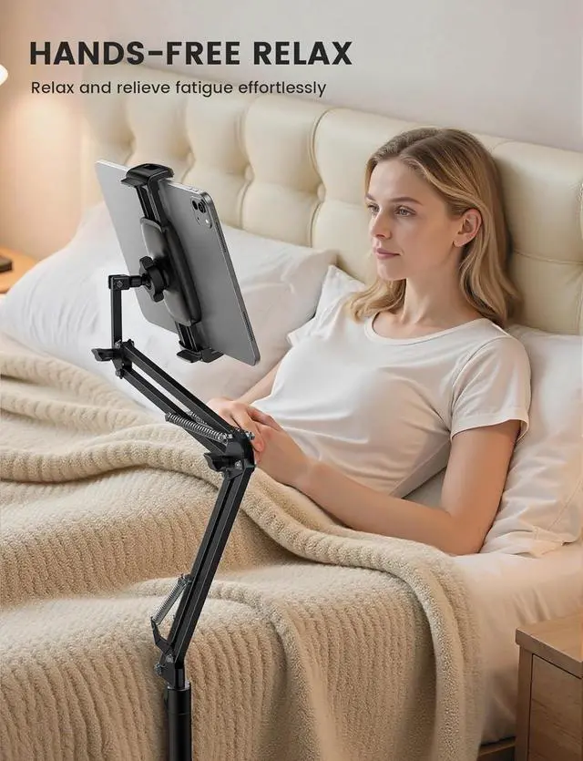 Alt view image 5 of 7 - Floor Tablet Stand Phone Holder - [55 Height Adjustable][ Flexible Arm] Multi Angle Tablet Holder 5lb Weighted Base Bed Mount For 4.7-13 Devices iPad Pro Air Mini Kindle Tabs E-Readers