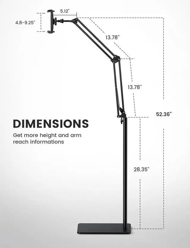 Alt view image 7 of 7 - Floor Tablet Stand Phone Holder - [55 Height Adjustable][ Flexible Arm] Multi Angle Tablet Holder 5lb Weighted Base Bed Mount For 4.7-13 Devices iPad Pro Air Mini Kindle Tabs E-Readers