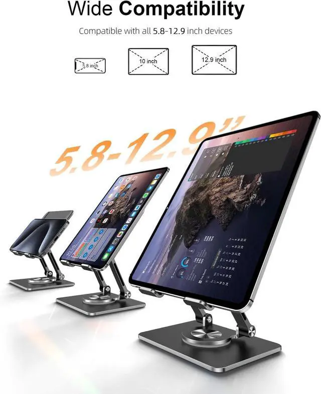 Alt view image 7 of 7 - Tablet Stand Holder with Thickened 360°Rotating Base Dual Rod Adjustable Aluminum Stand for All 5.8-12.9 iPad  Phone Tablet Kindle E-Reader and More Black