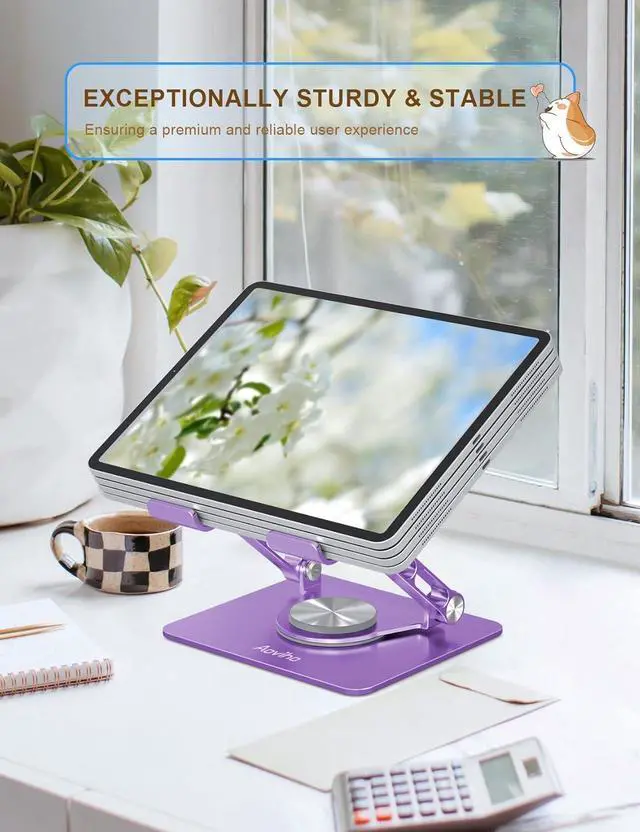 Alt view image 2 of 7 - Tablet Stand 360° Rotating Aluminum Holder - Adjustable Portable & Foldable Monitors Stand for iPads Compatible with 4-13.3 Tablets Purple