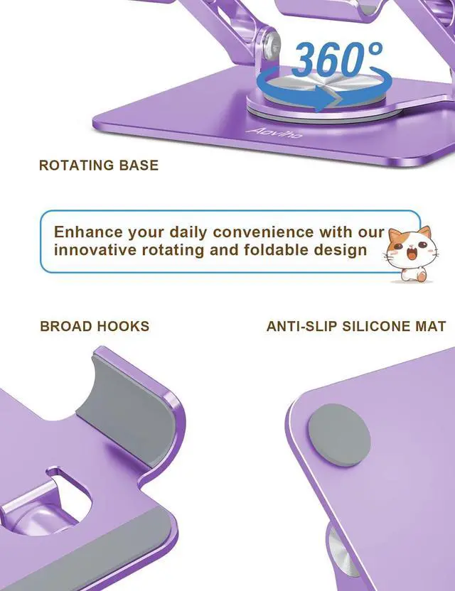 Alt view image 4 of 7 - Tablet Stand 360° Rotating Aluminum Holder - Adjustable Portable & Foldable Monitors Stand for iPads Compatible with 4-13.3 Tablets Purple