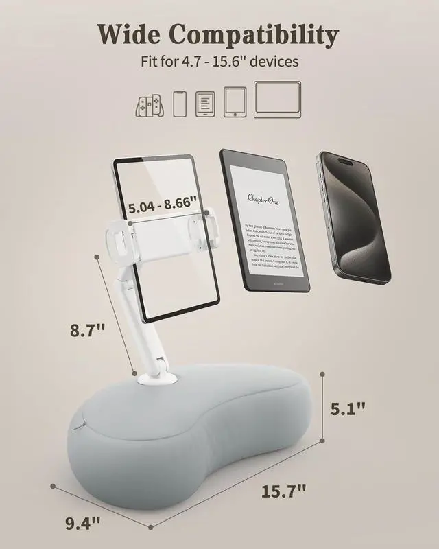 Alt view image 5 of 7 - Kindle Pillow Stand iPad Stand Compatible with 4.7-15.6 Kindle Phone iPad 360° Adjustable Lap Beanbag Tablet Holder for Bed with Flexible Dual Axis Arm and Microbead Cushion (Gray)