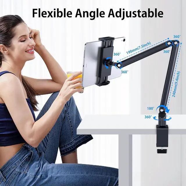 Alt view image 2 of 6 - Tablet Stand Holder Aluminum iPad Desk Mount Bracket Tablet Arm Mount Holder with 360°Rotating Metal Base Fits for iPad Air Pro Mini Phones  Galaxy Kindle All 4.7-13 Inch Devices