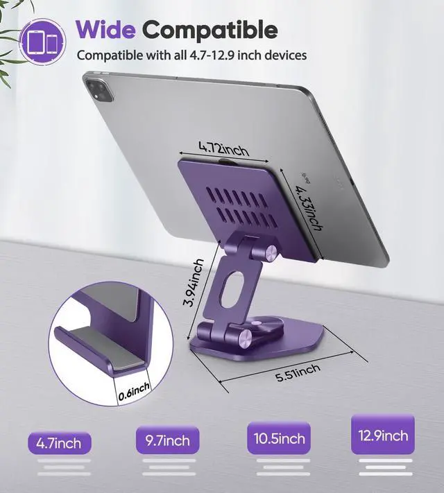 Alt view image 4 of 6 - Foldable Aluminum Tablet Stand for Desk 360° Swivel iPad & Tablet Holder  Portable & Stable Desktop Mount for 512.9in Devices Purple