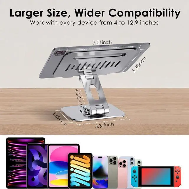 Alt view image 7 of 7 - Tablet Stand for Desk 360° Swivel for iPad Holder Aluminum Adjustable Tablet Holder Compatible for iPad Pro Air Mini Surface Pro  Galaxy Tabs Kindle 4-12.9 inch Silver