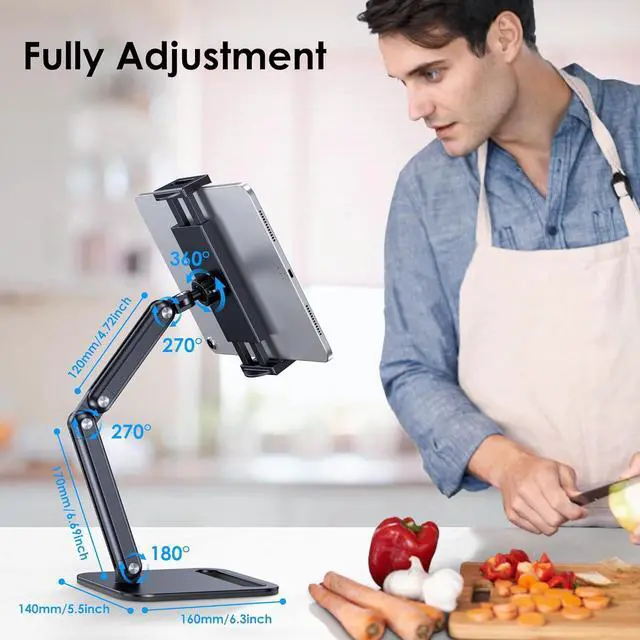 Alt view image 3 of 6 - Tablet Stand for iPad Aluminum Tablet Holder with Heavy-Duty Base for Desk Fully Adjustable Angle Compatible with iPad Pro Air Mini Galaxy Tab Surface Pro Kindle 4.7-13 Black