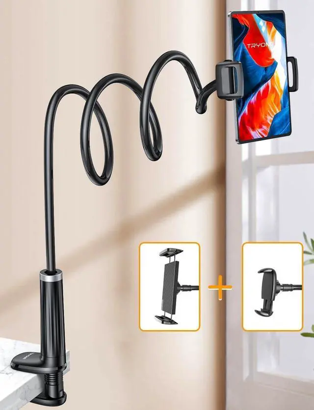 Main image of Gooseneck Phone Holder Tablet Stand for Bed:[Swivel Base] Adjustable Flexible Lazy Arm with 2 Clips Phone Tablet Holder Mount Compatible iPad Pro Air Mini | Kindle | Switch or Other 4-12.9 Device