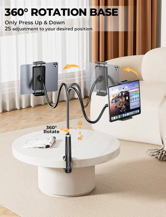 Alt view image 5 of 6 - Gooseneck Phone Holder Tablet Stand for Bed:[Swivel Base] Adjustable Flexible Lazy Arm with 2 Clips Phone Tablet Holder Mount Compatible iPad Pro Air Mini | Kindle | Switch or Other 4-12.9 Device