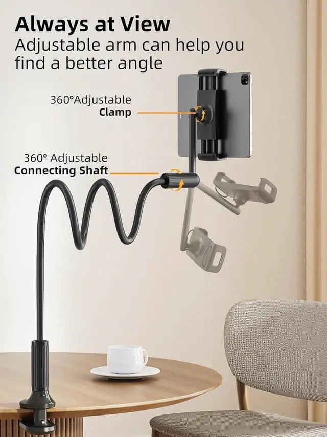 Alt view image 4 of 7 - 47 Gooseneck Kindle Holder Tablet Holder for Bed with Upgraded Base iPad Stand with Flexible Lazy Arm Compatible with iPad/iPhone/Kindle/Switch or Other 4.7-11 Device (Black)