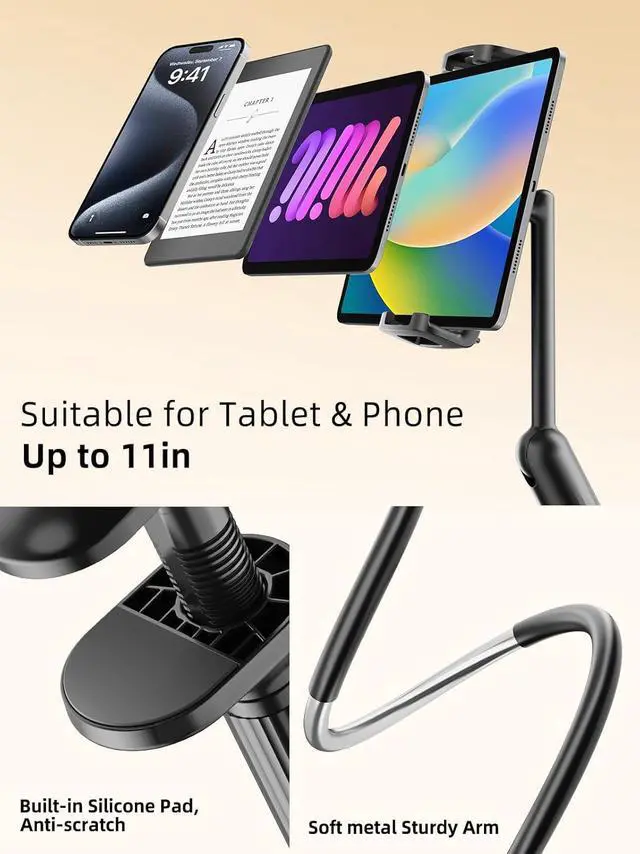 Alt view image 6 of 7 - 47 Gooseneck Kindle Holder Tablet Holder for Bed with Upgraded Base iPad Stand with Flexible Lazy Arm Compatible with iPad/iPhone/Kindle/Switch or Other 4.7-11 Device (Black)