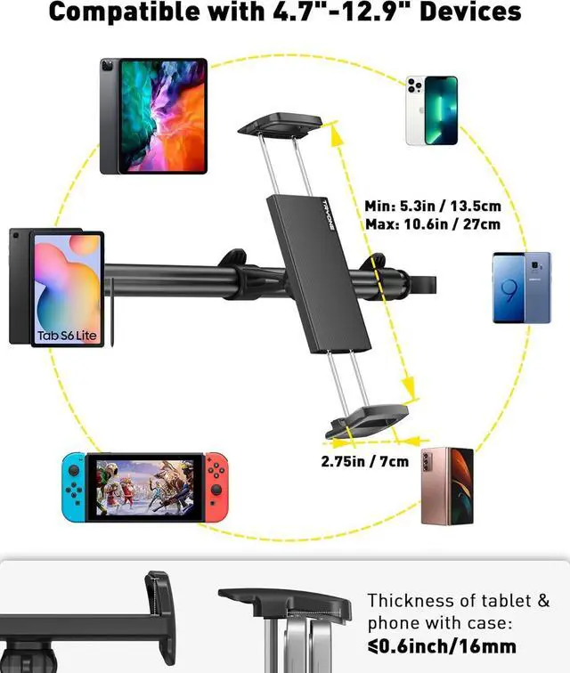 Alt view image 5 of 7 - Car Tablet Holder Mount for iPad: Headrest Tablet Stand for Car Back Seat Compatible with iPad Pro Air Mini | Galaxy Tab | Kindle Fire HD | Switch OLED or Other 4.7-16.1 Devices