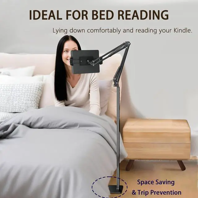 Alt view image 5 of 7 - Tablet Floor Stand & Kindle Holder Overhead Bed Reading Stand with 360° Rotatable Clamp and Height Adjustable Flexible Long Arm Compatible with Kindle iPad mini/Air/Pro and 4.7-14 Inch Devices