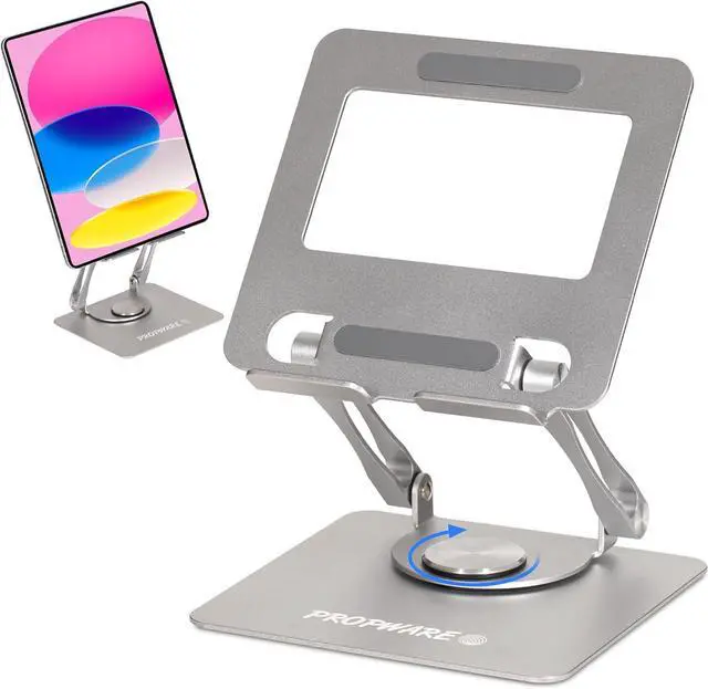 Main image of Aluminum Tablet Phone Portable Gaming Console Stand up to 15 with 360° Rotating Base Ergonomically Adjustable Collapsable Great for Kitchen or Desktop (Silver)