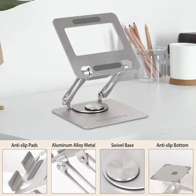 Alt view image 2 of 7 - Aluminum Tablet Phone Portable Gaming Console Stand up to 15 with 360° Rotating Base Ergonomically Adjustable Collapsable Great for Kitchen or Desktop (Silver)