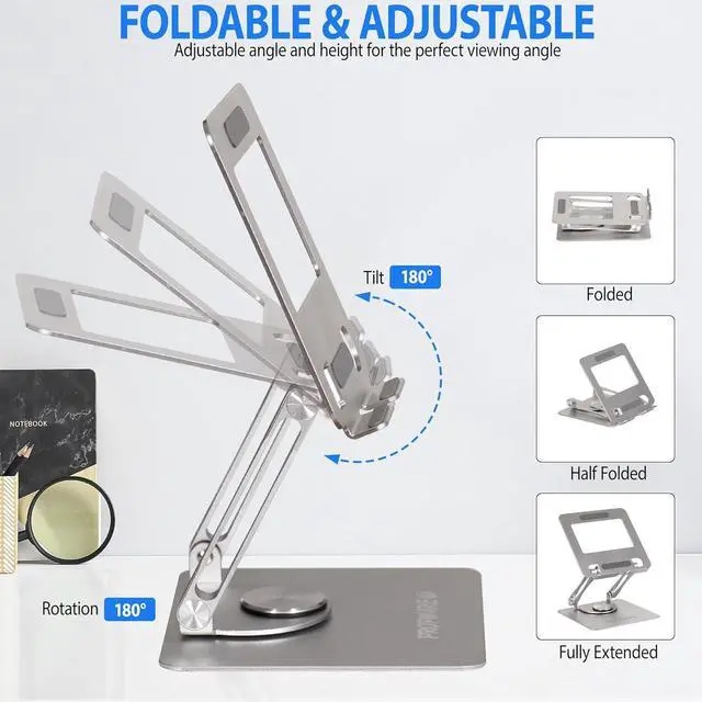 Alt view image 3 of 7 - Aluminum Tablet Phone Portable Gaming Console Stand up to 15 with 360° Rotating Base Ergonomically Adjustable Collapsable Great for Kitchen or Desktop (Silver)
