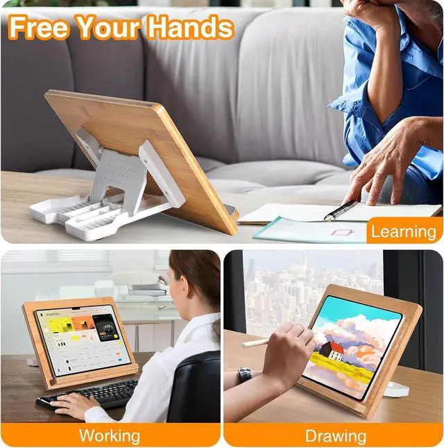 Alt view image 3 of 7 - Universal Tablet Stand 11 x 8.2 inch Compatible with 4.7-12.9 inch Tablets and Phones Bamboo Wooden