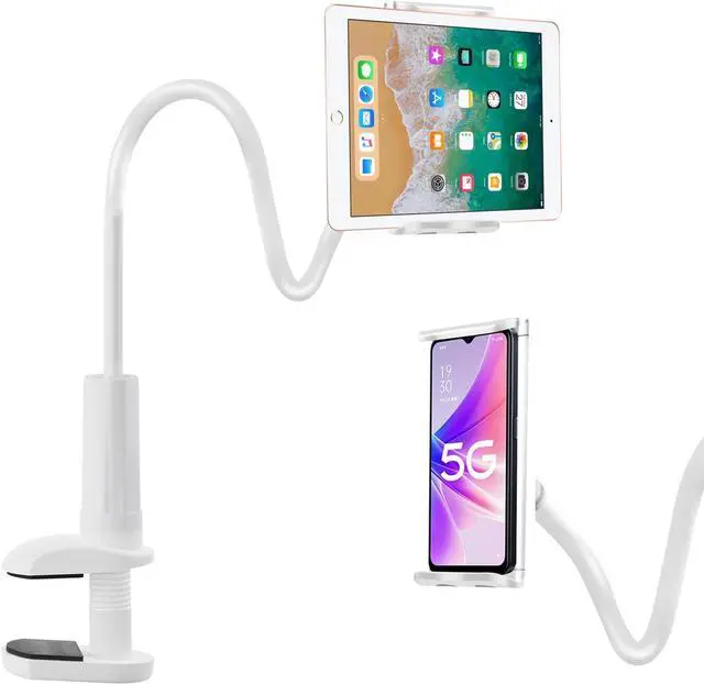 Main image of Gooseneck Tablet Holder for Bed 4-10.5 Devices iPad Holder Stand Desk Mount Clip 30 inch Flexible Arm Clamp for iPad Mini Air Galaxy Tabs Nintendo Switch Kindle Fire Cell Phone White