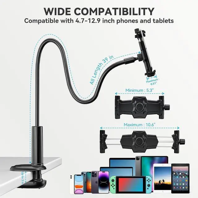 Alt view image 6 of 7 - Gooseneck Tablet Stand 360° Adjustable Phone & iPad Holder for Bed and Desk Flexible Arm Mount Clip for Video Recording Bedside & Headboard Clamp for iPad Pro 12.9 Mini Switch