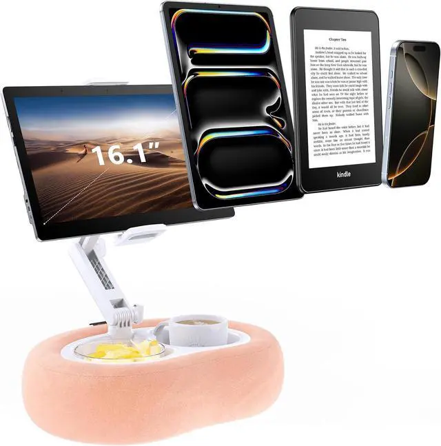 Main image of Tablet & E-Reader Stand with Soft Plush Pillow and 2 Detachable Trays Adjustable Tablet Holder for Bed or Lap Compatible with Kindle Kobo iPad iPhone Portable Monitors & 4.7-16.1 Devices ()