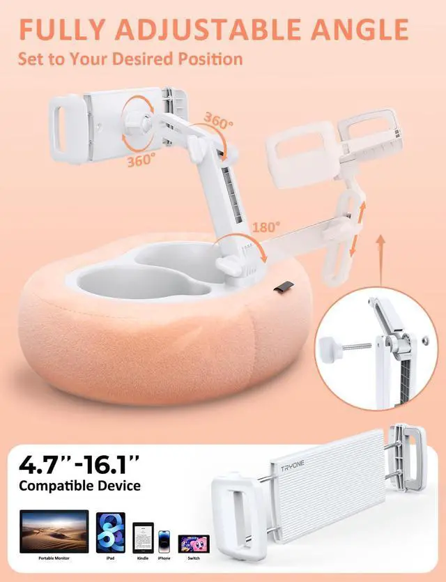 Alt view image 4 of 7 - Tablet & E-Reader Stand with Soft Plush Pillow and 2 Detachable Trays Adjustable Tablet Holder for Bed or Lap Compatible with Kindle Kobo iPad iPhone Portable Monitors & 4.7-16.1 Devices ()