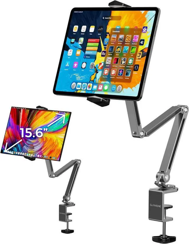 Main image of Aluminum Alloy Tablet Stand for Desk 360° Adjustable iPad Arm Mount Foldable Phone Holder Compatible with iPad Pro Air 13/12.9/11 Mini Portable Monitor 15.6  Galaxy Kindle- Grey