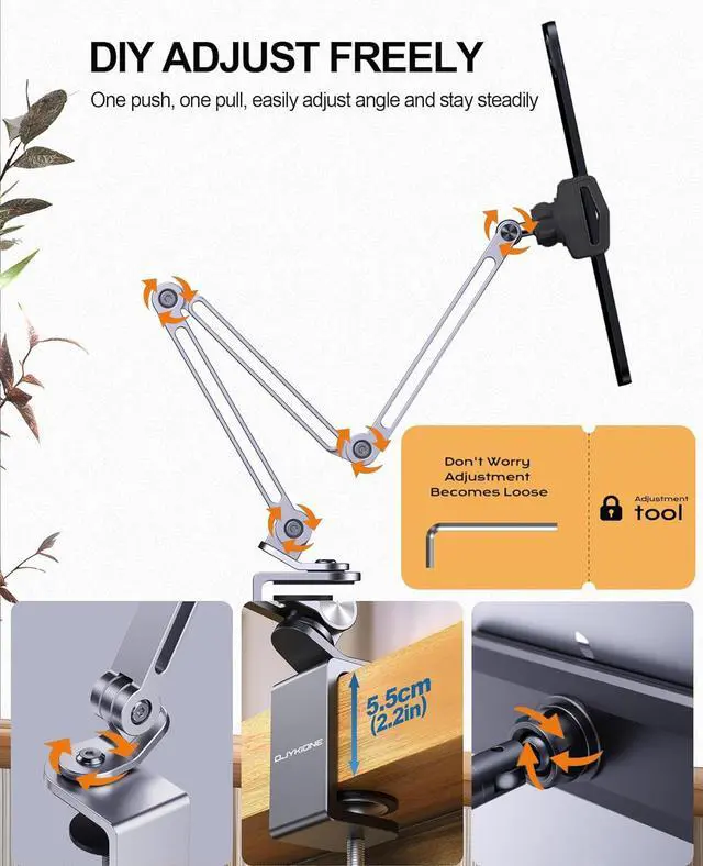 Alt view image 3 of 7 - Aluminum Alloy Tablet Stand for Desk 360° Adjustable iPad Arm Mount Foldable Phone Holder Compatible with iPad Pro Air 13/12.9/11 Mini Portable Monitor 15.6  Galaxy Kindle- Grey