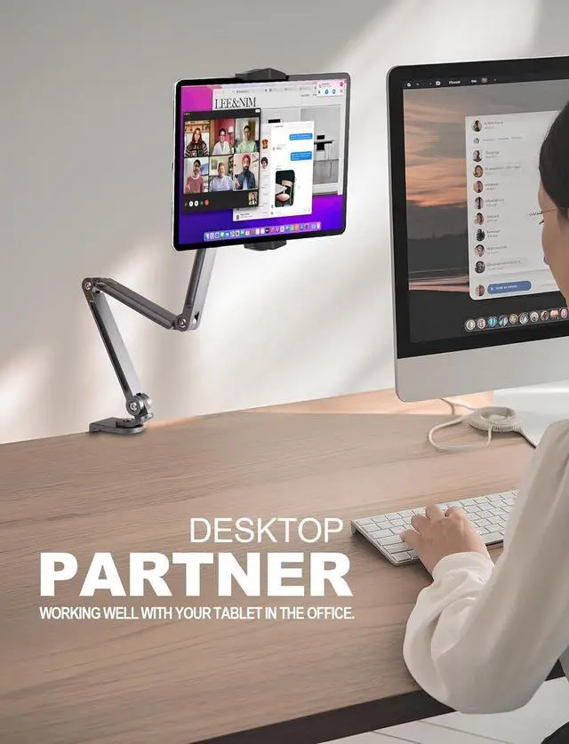 Alt view image 2 of 7 - Aluminum Alloy Tablet Stand for Desk 360° Adjustable iPad Arm Mount Foldable Phone Holder Compatible with iPad Pro Air 13/12.9/11 Mini Portable Monitor 15.6  Galaxy Kindle- Grey