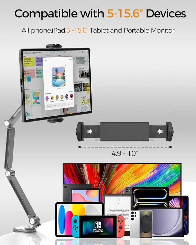 Alt view image 7 of 7 - Aluminum Alloy Tablet Stand for Desk 360° Adjustable iPad Arm Mount Foldable Phone Holder Compatible with iPad Pro Air 13/12.9/11 Mini Portable Monitor 15.6  Galaxy Kindle- Grey