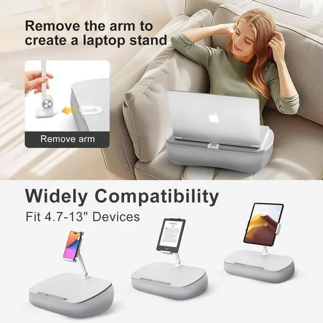 Alt view image 2 of 7 - Lap Beanbag Cozy Kindle Pillow Stand for Bed with Adjustable Arm 360° Tablet Holder Fits 4.7-13 Kindle iPad Phone Laptop Lap Desk for Hands Free Reading in Bed Couch Sofa(Light gary)