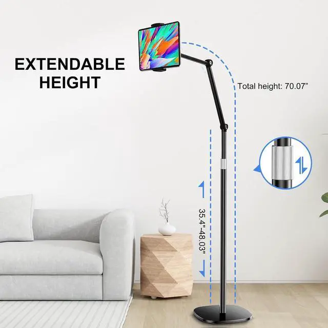 Alt view image 3 of 7 - Tablet Floor Stand Overhead Bed Phone Mount Height & 360 Degree Angle Adjustable Universal Metal Tablet Holder Compatible with iPad  Galaxy Tab iPhone Kindle 4.7-12.9 (Black)