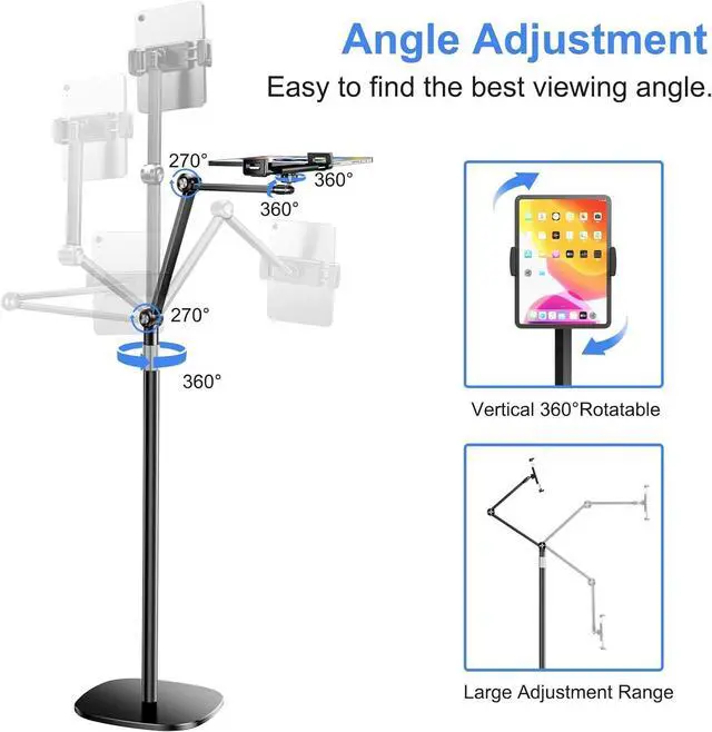 Alt view image 4 of 7 - Tablet Floor Stand Overhead Bed Phone Mount Height & 360 Degree Angle Adjustable Universal Metal Tablet Holder Compatible with iPad  Galaxy Tab iPhone Kindle 4.7-12.9 (Black)