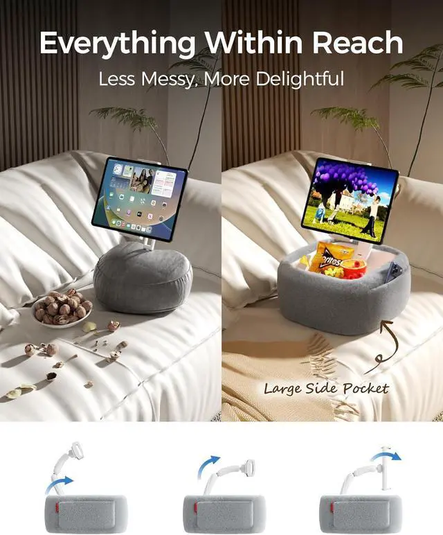 Alt view image 2 of 7 - Ultra Fluffy Kindle Pillow Stand for Reading Lap Tablet Pillow Stand with Snack Bowl & Flodable Arm Compatible with iPad Phone and 4.7-14.6 Tablet for Book Reading in Bed
