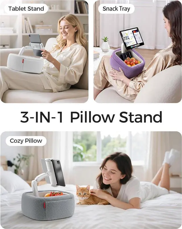 Alt view image 4 of 7 - Ultra Fluffy Kindle Pillow Stand for Reading Lap Tablet Pillow Stand with Snack Bowl & Flodable Arm Compatible with iPad Phone and 4.7-14.6 Tablet for Book Reading in Bed