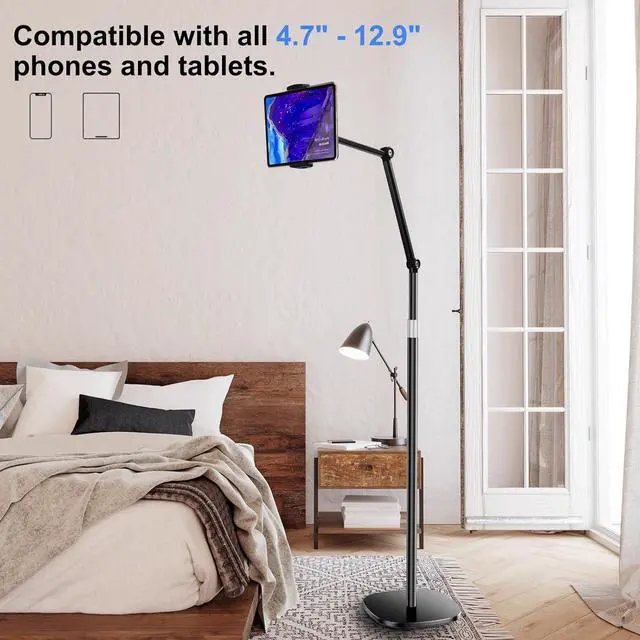 Alt view image 7 of 7 - Tablet Floor Stand Overhead Bed Phone Mount Height & 360 Degree Angle Adjustable Universal Metal Tablet Holder Compatible with iPad  Galaxy Tab iPhone Kindle 4.7-12.9 (Black)