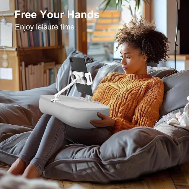 Alt view image 7 of 7 - Lap Beanbag Cozy Kindle Pillow Stand for Bed with Adjustable Arm 360° Tablet Holder Fits 4.7-13 Kindle iPad Phone Laptop Lap Desk for Hands Free Reading in Bed Couch Sofa(Light gary)