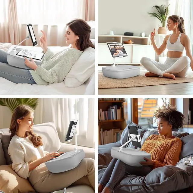 Alt view image 4 of 7 - Lap Beanbag Cozy Kindle Pillow Stand for Bed with Adjustable Arm 360° Tablet Holder Fits 4.7-13 Kindle iPad Phone Laptop Lap Desk for Hands Free Reading in Bed Couch Sofa(Light gary)