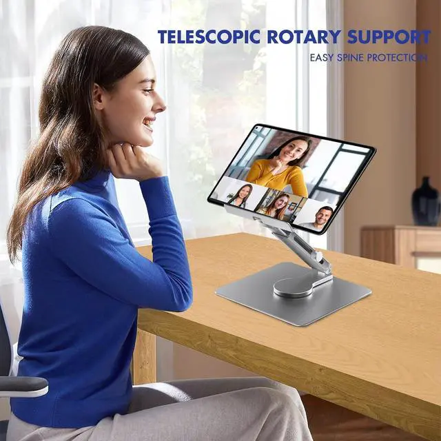 Alt view image 2 of 7 - 360° Rotating Tablet Stand - Adjustable iPad Tablet Holder for Desk Foldable iPad Swivel Stand for Home & Office (Sleek Silver)