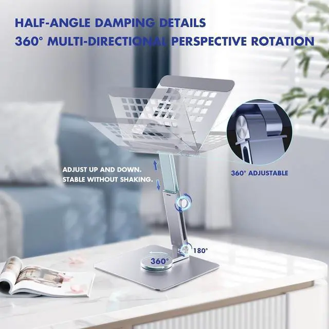 Alt view image 3 of 7 - 360° Rotating Tablet Stand - Adjustable iPad Tablet Holder for Desk Foldable iPad Swivel Stand for Home & Office (Sleek Silver)