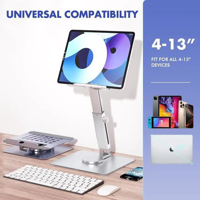 Alt view image 4 of 7 - 360° Rotating Tablet Stand - Adjustable iPad Tablet Holder for Desk Foldable iPad Swivel Stand for Home & Office (Sleek Silver)