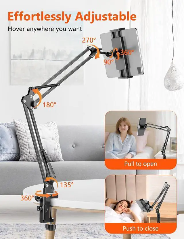 Alt view image 3 of 7 - Tablet Holder for Desk iPad Stand Phone Holder for Desk Overhead Tablet Desk Mount for Bed with 360° Rotation Compatible with iPhone iPad Kindle 4.7-13 Devices