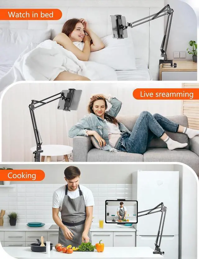 Alt view image 6 of 7 - Tablet Holder for Desk iPad Stand Phone Holder for Desk Overhead Tablet Desk Mount for Bed with 360° Rotation Compatible with iPhone iPad Kindle 4.7-13 Devices