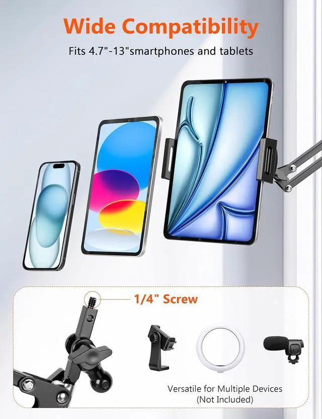 Alt view image 7 of 7 - Tablet Holder for Desk iPad Stand Phone Holder for Desk Overhead Tablet Desk Mount for Bed with 360° Rotation Compatible with iPhone iPad Kindle 4.7-13 Devices