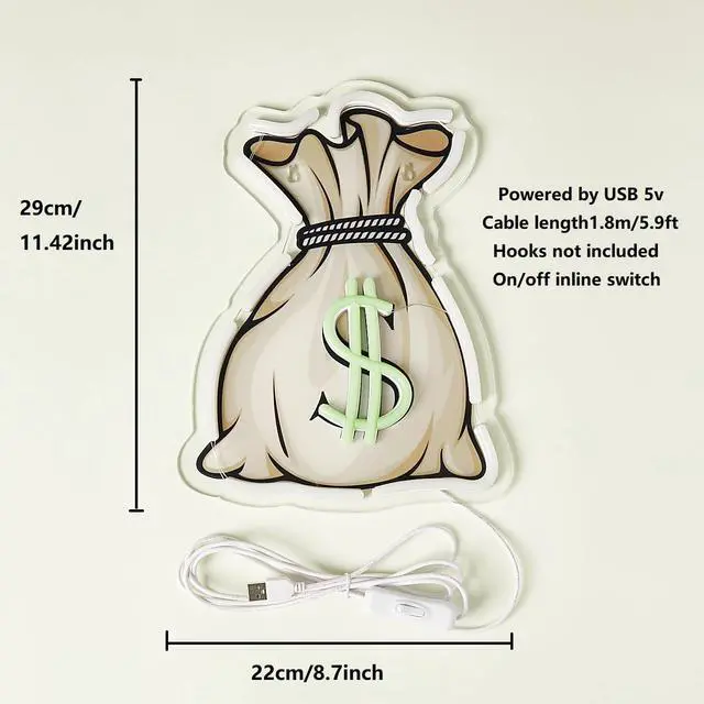 Alt view image 3 of 6 - AYDCNQ LED Neon Signs Money Bag Wall Sign, Dollar Shape Neon Light, For Bar,Birthday Party Canteen Man Room Home Indoor Wall Decoration,Product size: 11.4x8.7inch