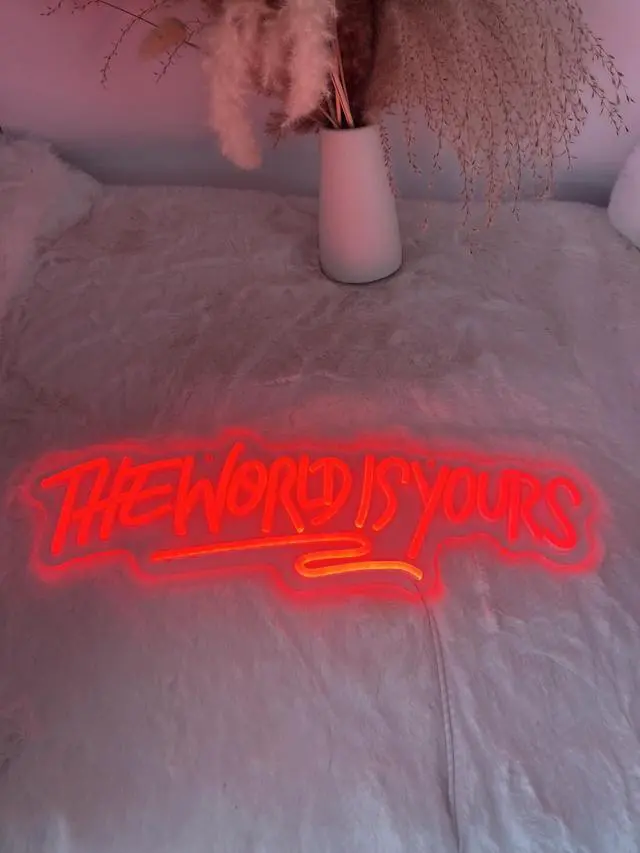 Alt view image 4 of 5 - AYDCNQ The World Is Yours Led Neon Signs Lights Wall Decor Sign for Teen Men Lady Gift and Gaming Zone Party Classroom Wall Decor,size L17.7xH5.5inch (red)