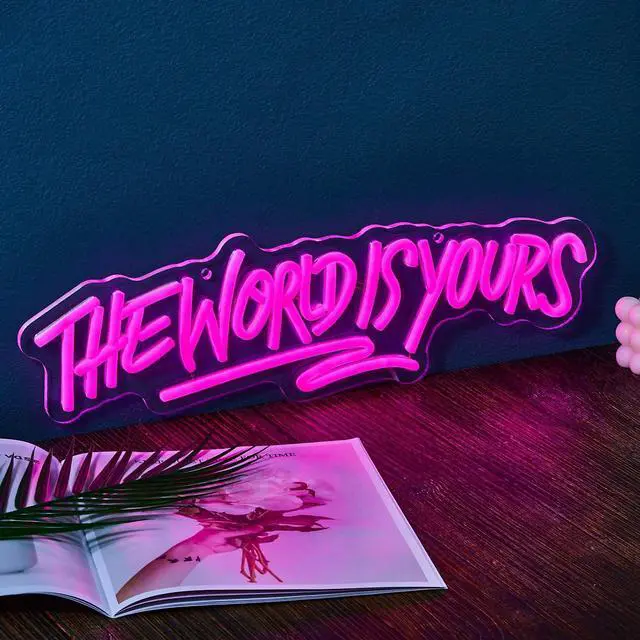 Alt view image 5 of 5 - AYDCNQ The World Is Yours Led Neon Signs Lights Wall Decor Sign for Teen Men Lady Gift and Gaming Zone Party Classroom Wall Decor,size L17.7xH5.5inch (pink)