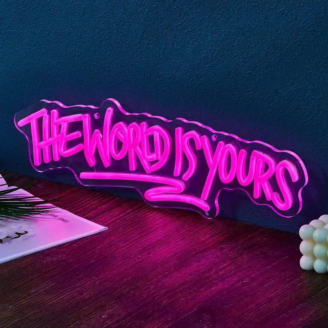 Alt view image 4 of 5 - AYDCNQ The World Is Yours Led Neon Signs Lights Wall Decor Sign for Teen Men Lady Gift and Gaming Zone Party Classroom Wall Decor,size L17.7xH5.5inch (pink)