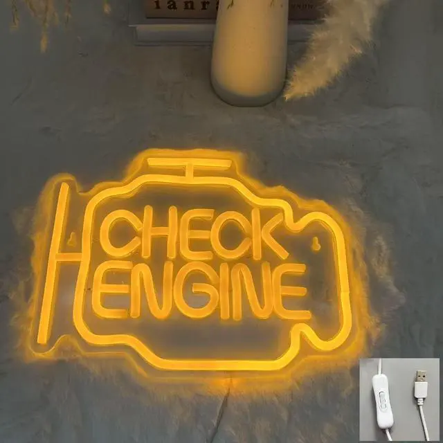 Main image of AYDCNQ Check Enginee Led Neon Siqns,Engine-Shaped with Curved Wall Decor forCar Lovers, Garage, Bedroom, Bar,Teens Game Room (Product size 11.4x8.7inch) (Gold yellow)