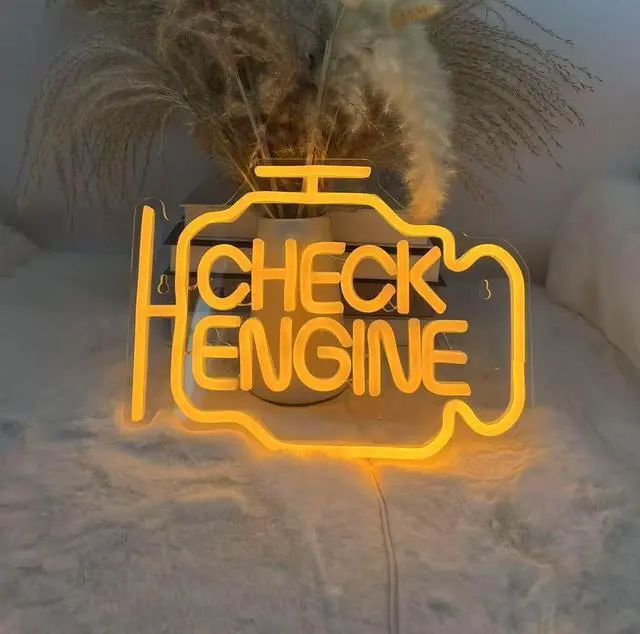 Alt view image 5 of 5 - AYDCNQ Check Enginee Led Neon Siqns,Engine-Shaped with Curved Wall Decor forCar Lovers, Garage, Bedroom, Bar,Teens Game Room (Product size 11.4x8.7inch) (Gold yellow)