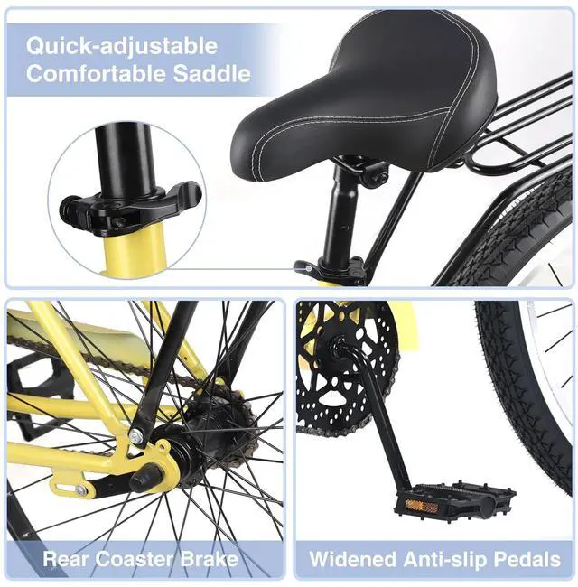 Alt view image 4 of 6 - Single Speed Bicycles 26"Inch,Steel Frame, Wide Wheels for Stability, Rear Coaster Brakes,Multiple Colors Men's Beach Cruiser Bike