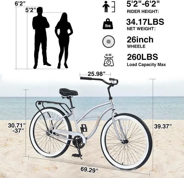 Alt view image 3 of 6 - Single Speed Bicycles 26"Inch,Steel Frame, Wide Wheels for Stability, Rear Coaster Brakes,Multiple Colors Men's Beach Cruiser Bike
